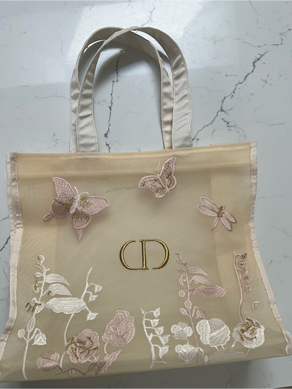 Embroidered Butterfly Floral Mesh Tote - Cream